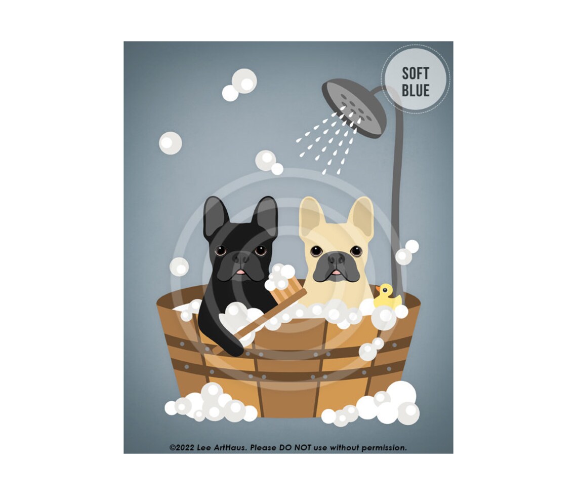 Two French Bulldogs in Wooden Tub Bubble Bath Shower Cute Dog Poster - Image 2