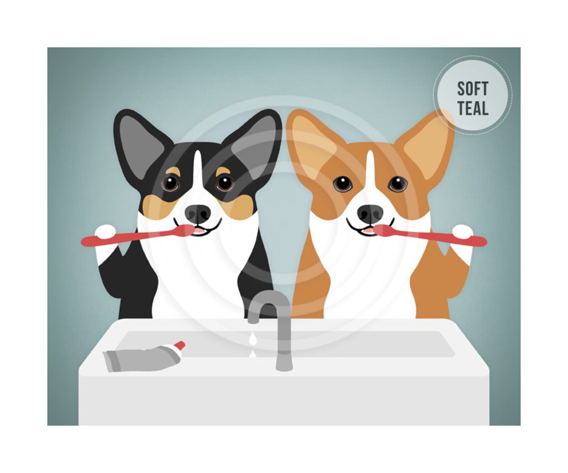 Two Corgis Brushing Teeth At Sink Funny Dog Bathroom Art Poster - Image 4