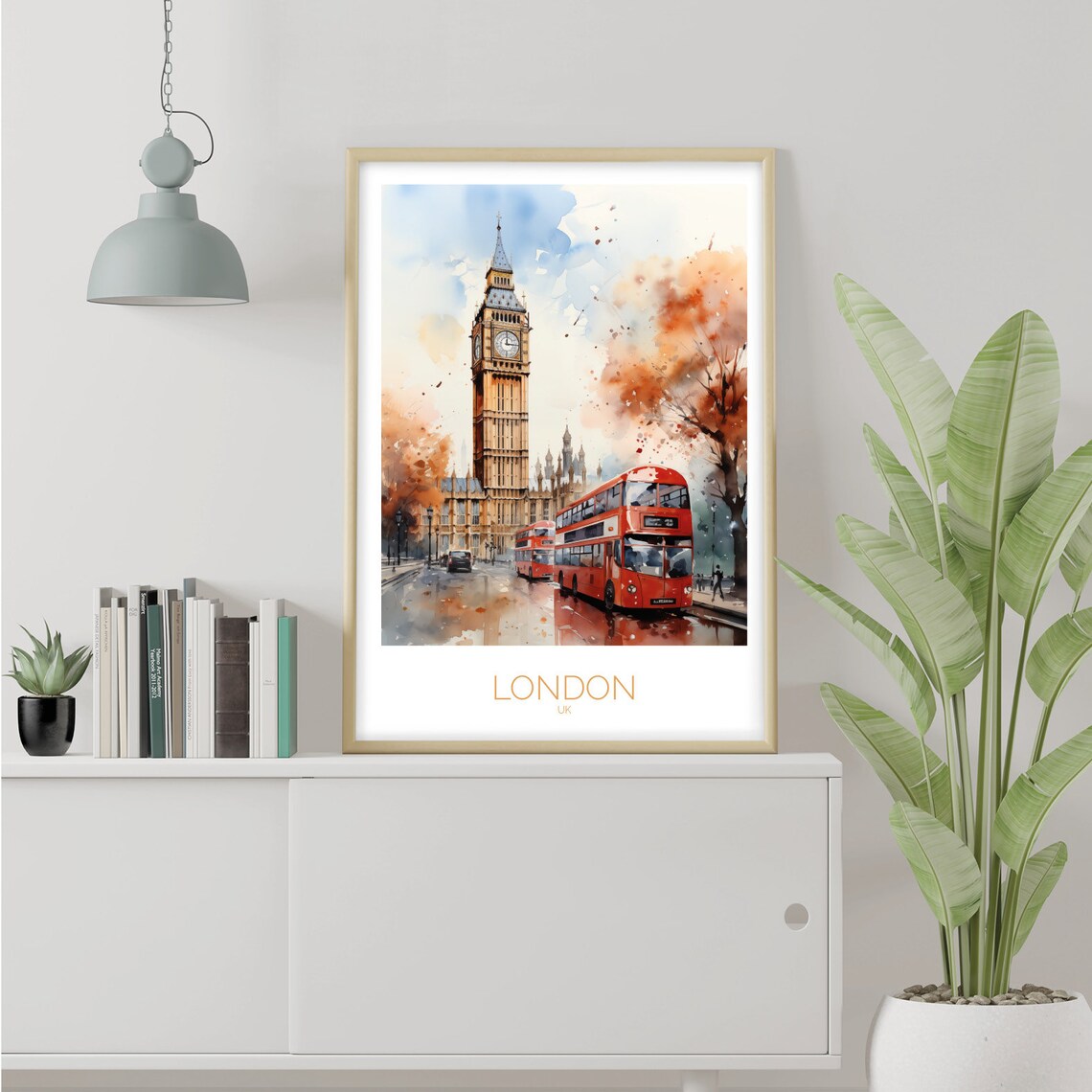 London Big Ben Red Double Decker Bus Watercolor Street Poster - Image 3