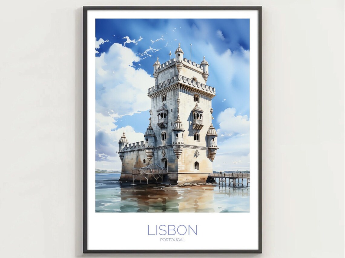 Lisbon Portugal Belem Tower Watercolor River View Cloudy Poster