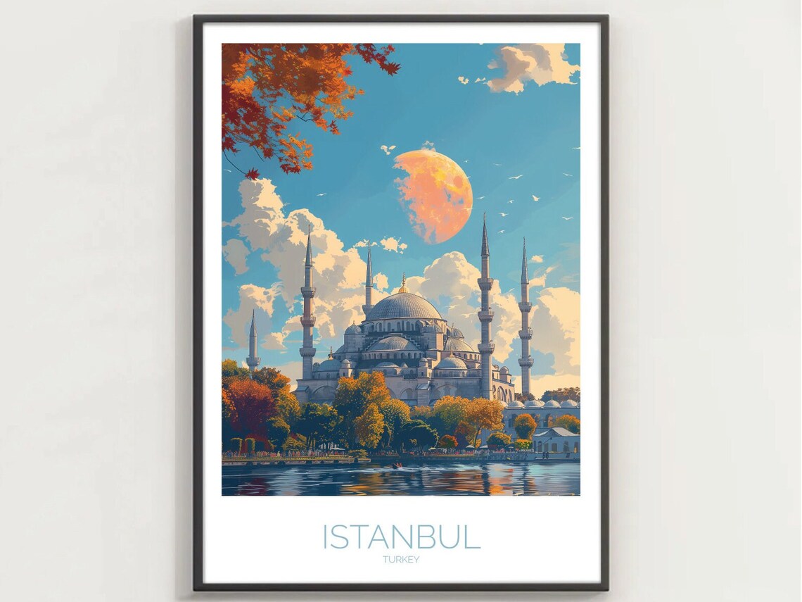 Istanbul Blue Mosque Autumn Sunset Illustration Turkey Travel Poster