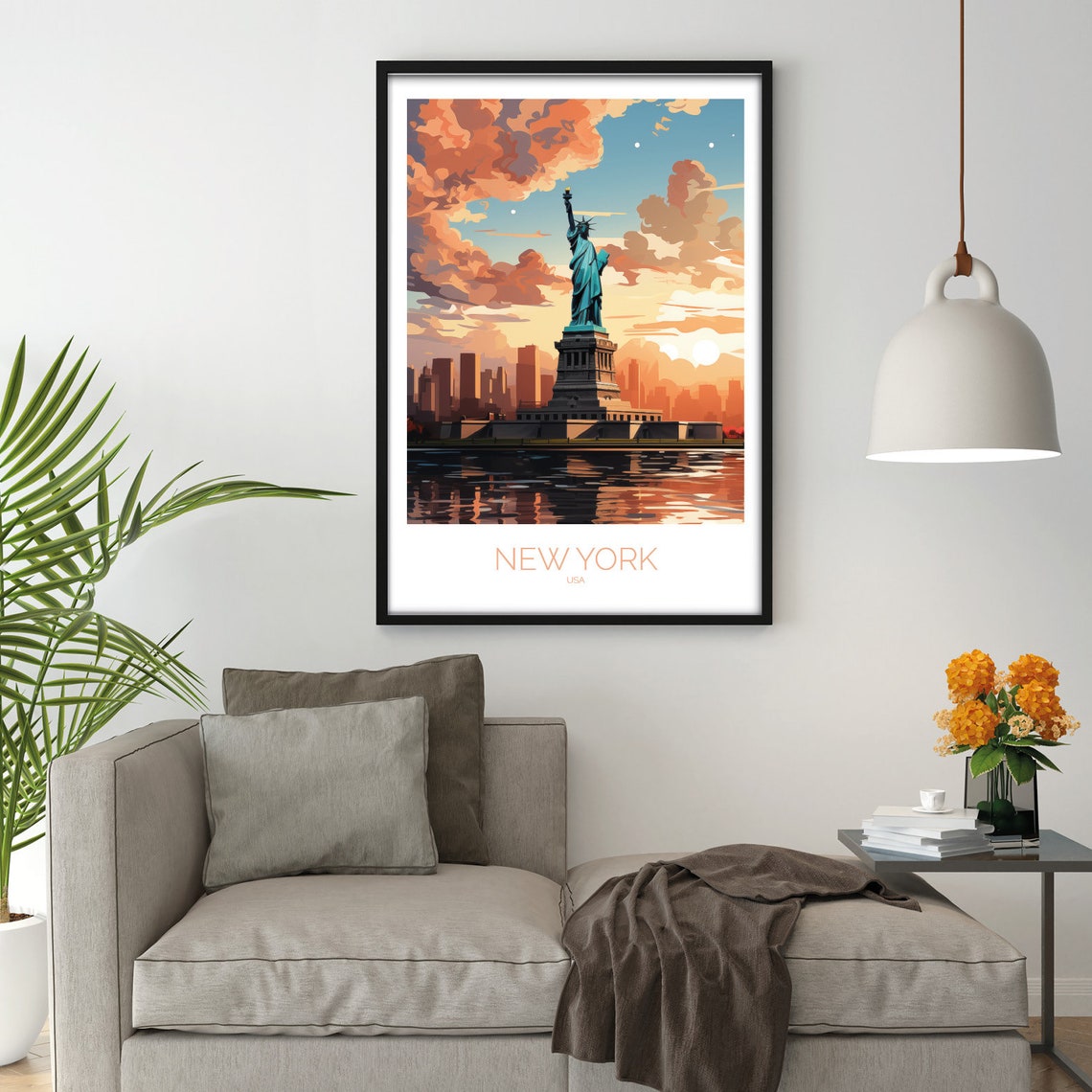 New York Statue Of Liberty Sunset Harbor Skyline Glow Poster - Image 2