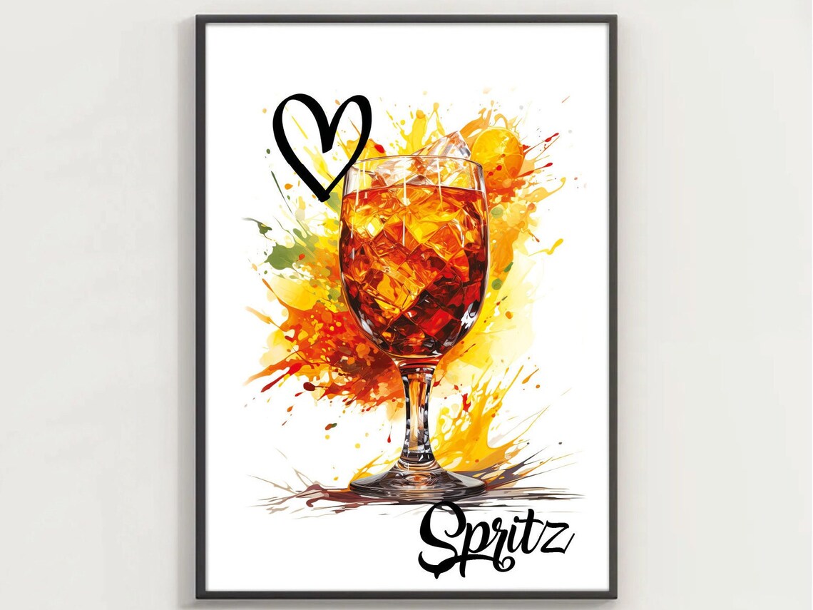 Love Spritz Cocktail Glass Watercolor Splash Heart Bar Art Poster