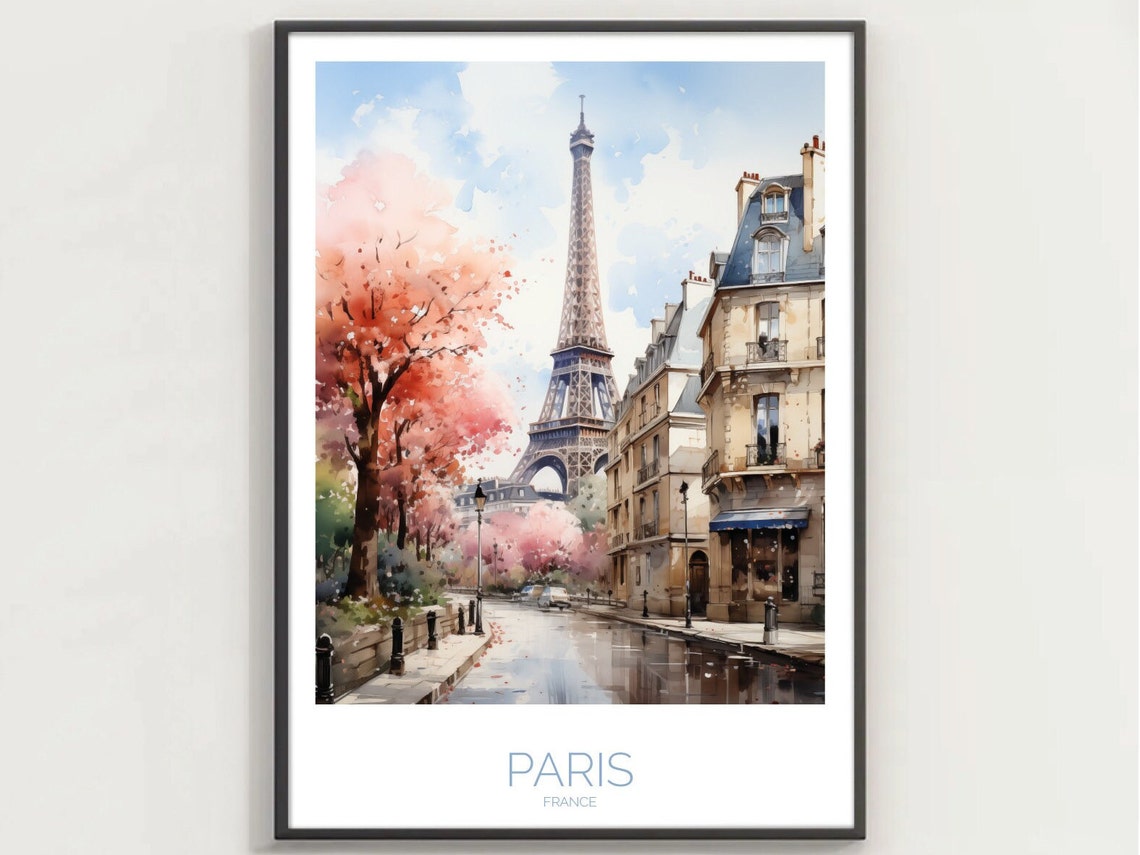 Paris Eiffel Tower Spring Blossoms Street View Watercolor Poster