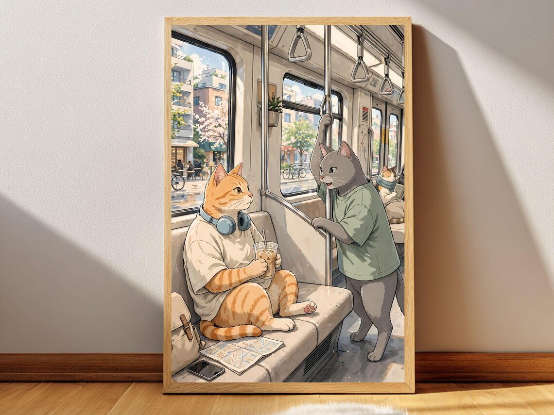 Metro Ride Cat Friends Cute City Anime Subway Adventure Poster