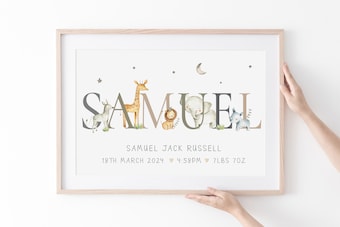 New Baby Gift Safari Name Print Personalised Name Print Safari Jungle Elephant Giraffe Zebra Lion Tiger Jungle Name Print
