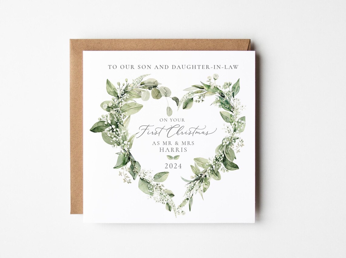 First Christmas as Mr and Mrs Heart Wreath Personalized Holiday Print