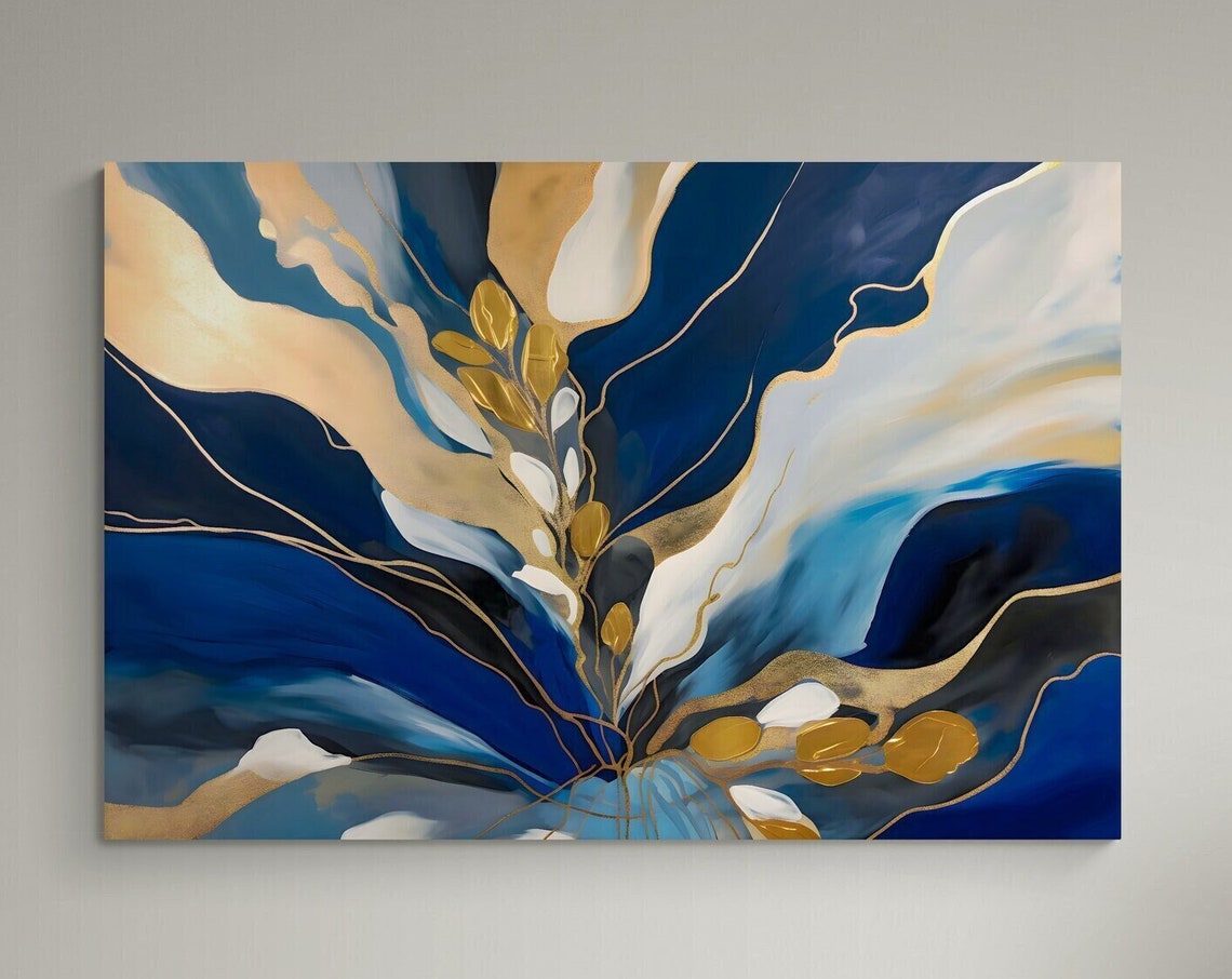 Navy Blue Gold Abstract Marble Fluid Painting Luxury Modern Wall Art - Image 3