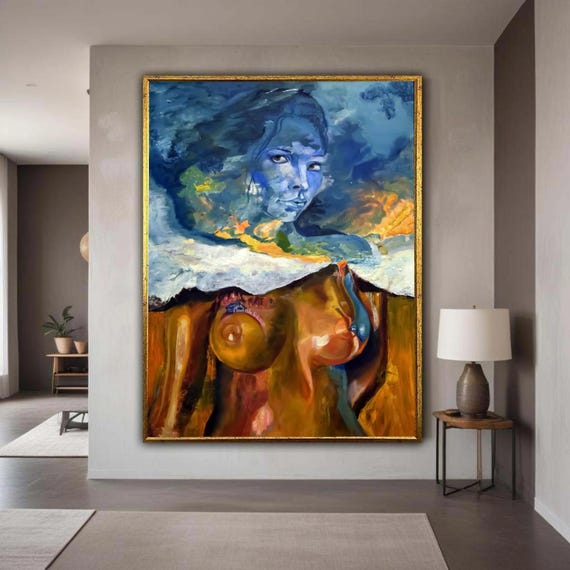 Surreal Female Portrait Canvas Abstract Woman Art Mixed Media Wall Modern Expressionism Artistic Home Gift Decor