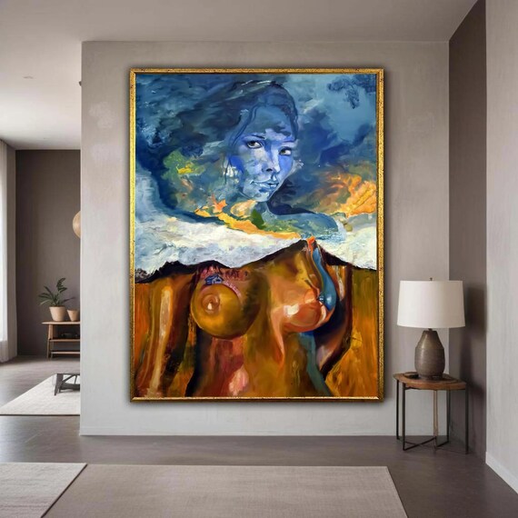 Woman Face Dissolving into Blue Ocean Waves Surreal Dreamlike Figurative Art Poster