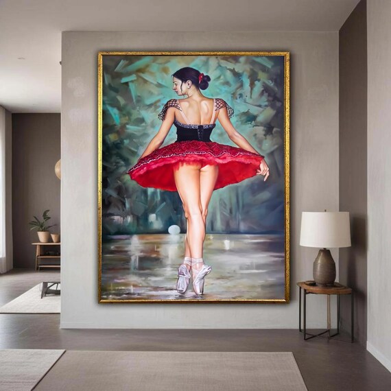 Elegant Ballerina In Red Tutu Canvas Ballet Dance Wall Art Female Dancer Painting Modern Home Decor Shoe Gift