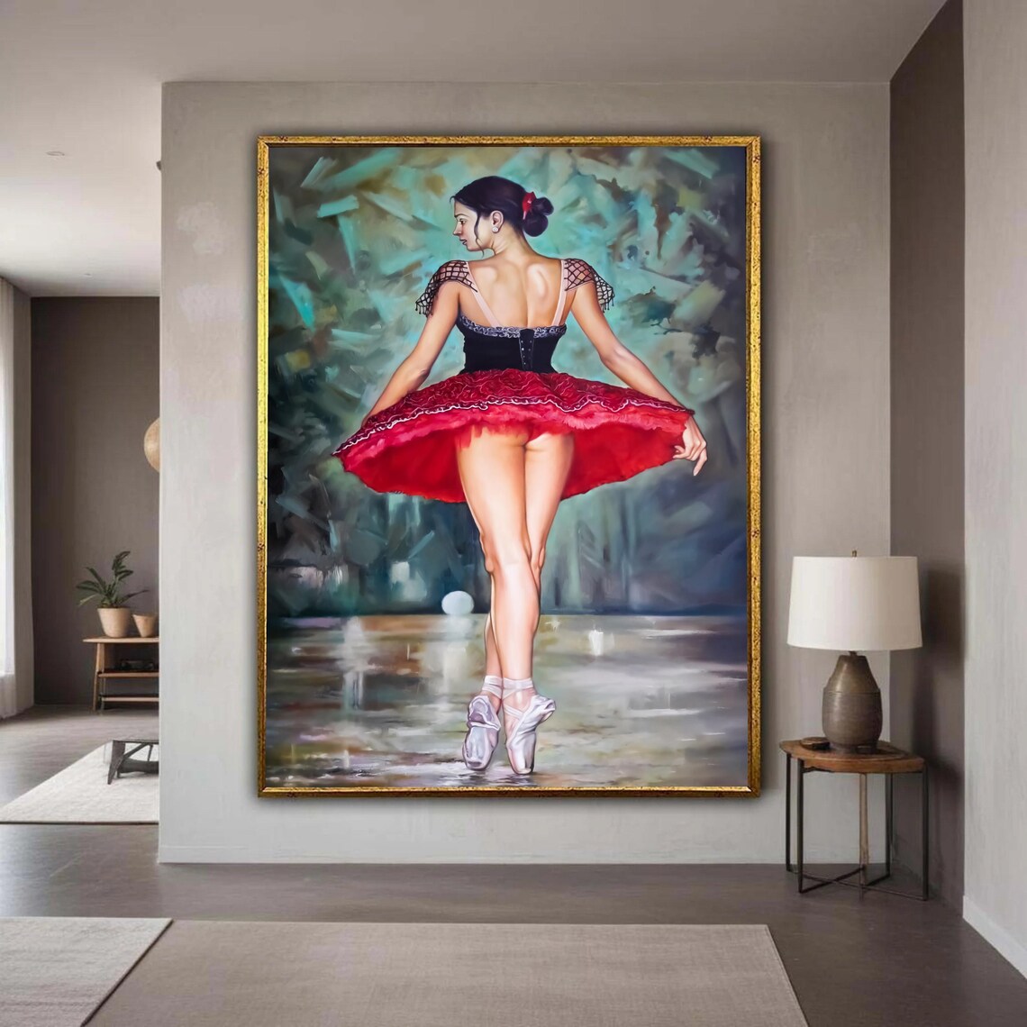 Ballerina Red Tutu Back View Pointe Shoes Elegant Ballet Dancer Painting Poster