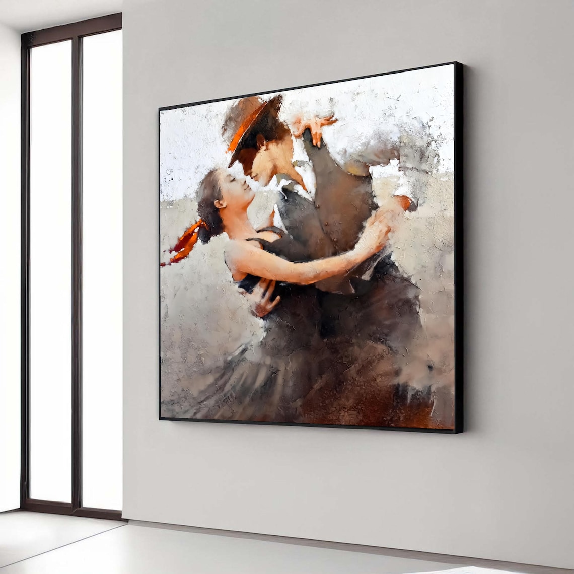 Tango Dancers Hat Romantic Embrace Dark Dress Oil Painting Poster