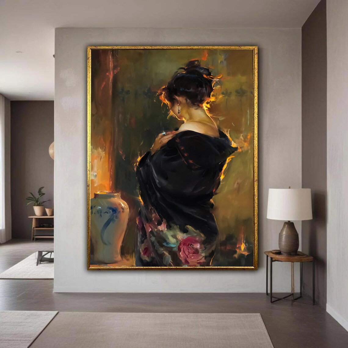 Woman Black Kimono Rose Elegant Oil Painting From Behind Wall Art
