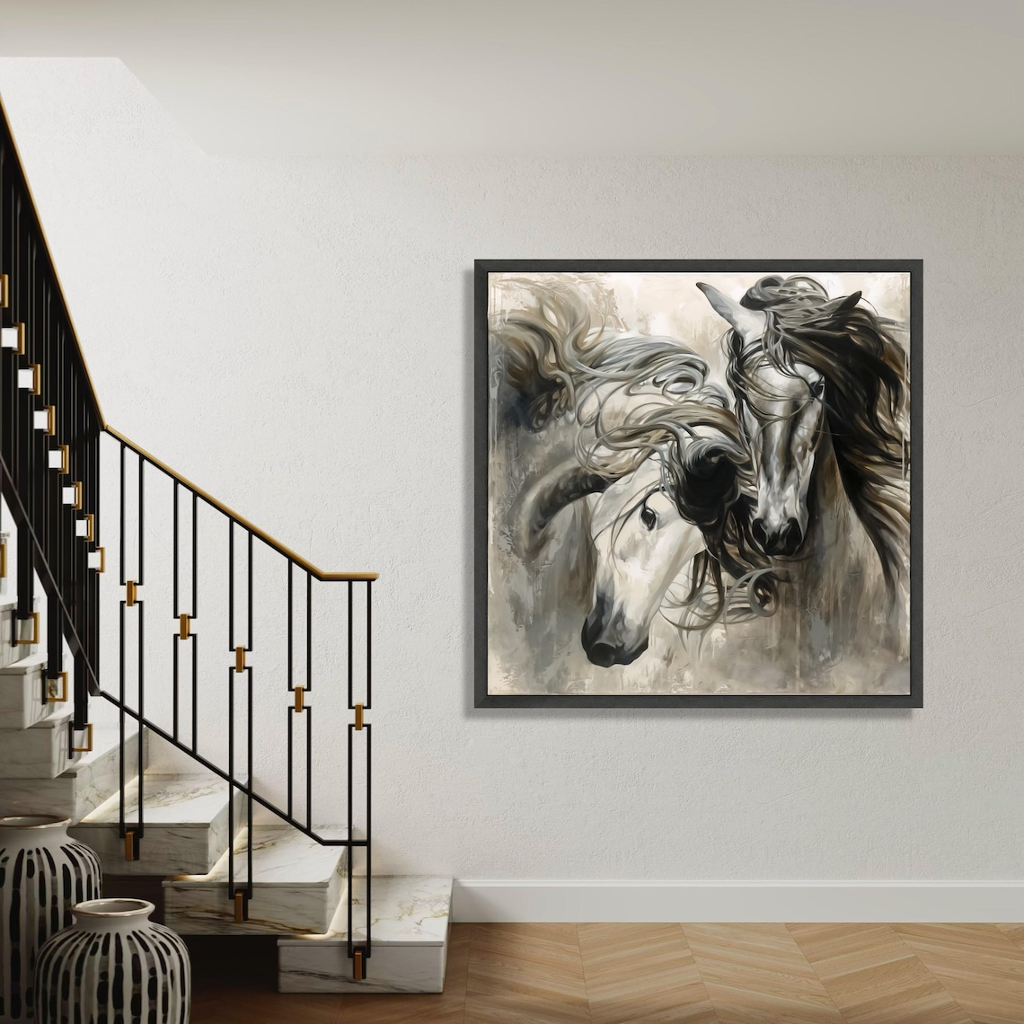 Elegant Two Horses With Flowing Manes Monochrome Equine Art Poster