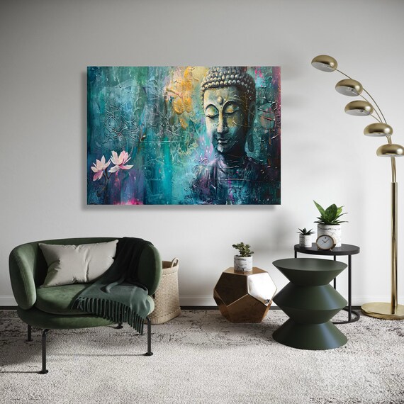 Tranquil Buddha Portrait Canvas Abstract Zen Wall Art Flower Painting Spiritual Meditation Decor Gift Home