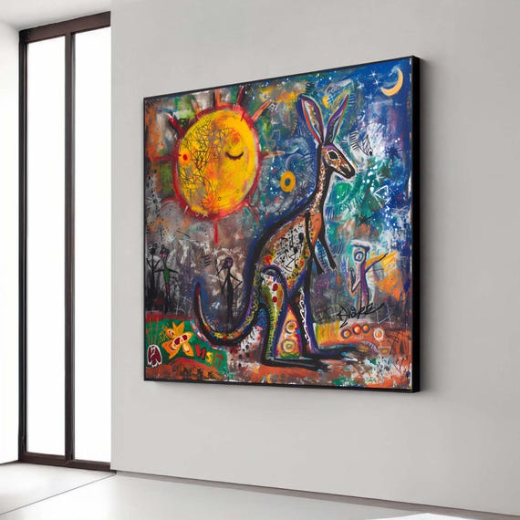 Kangaroo Aboriginal Style Canvas Art Vibrant Folk Print Australian Animal Sun Moon Symbolic Wall Decor Modern Colorful Painting