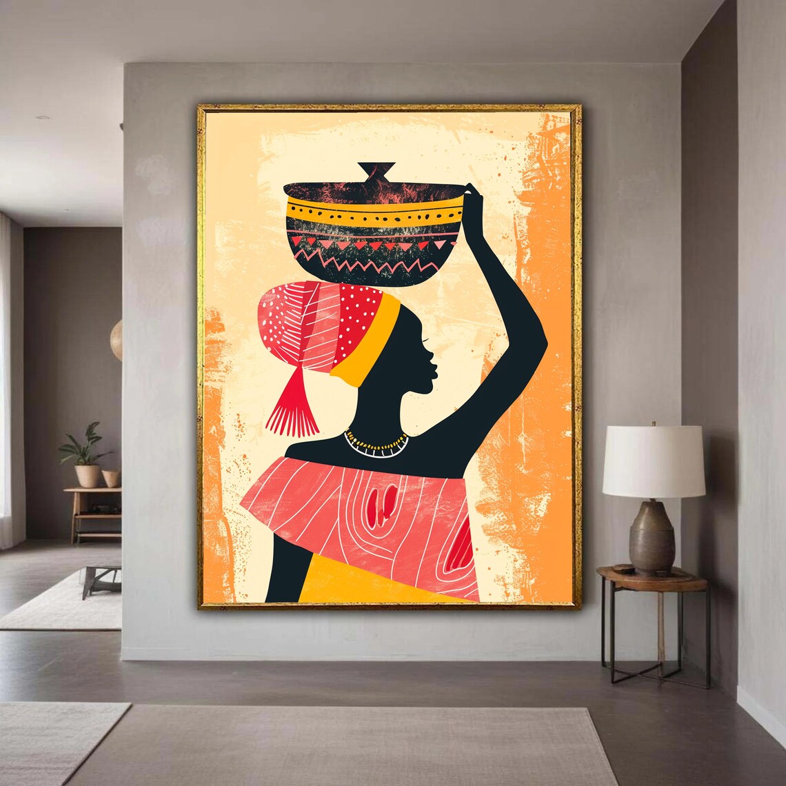 African Woman Carrying Bowl Silhouette Colorful Modern Tribal Art Poster