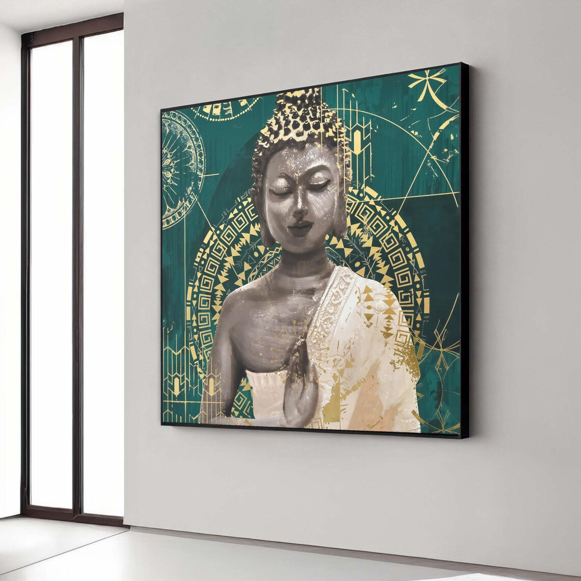 Buddha Prayer Hands Teal Gold Mandala Spiritual Meditation Wall Art
