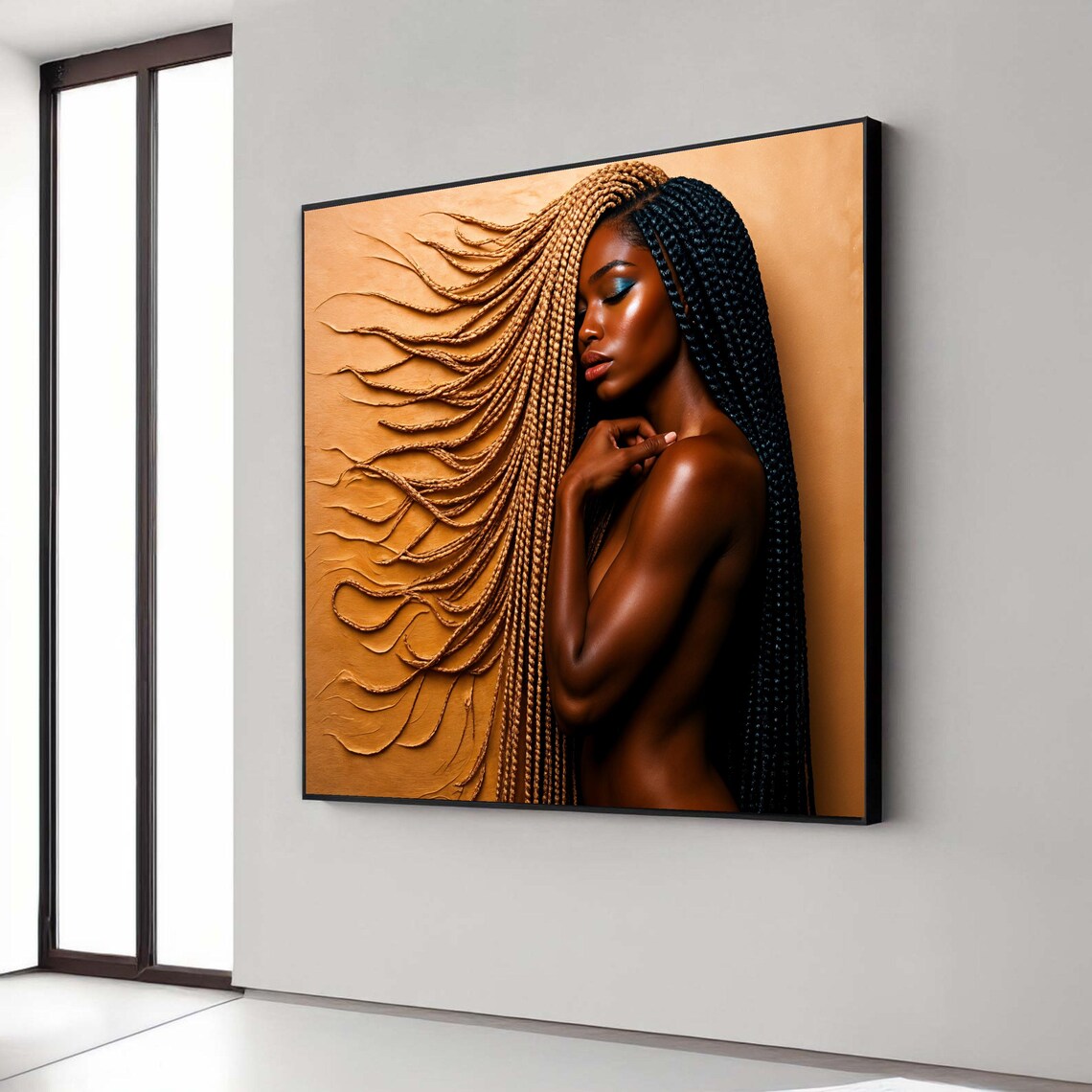 Elegant Black Woman with Flowing Braided Hair Textured Portrait Beauty Art Poster