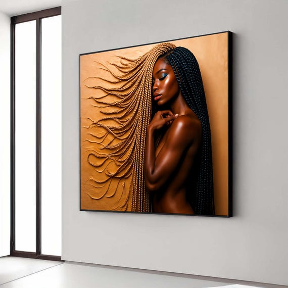 Elegant Braided Hair Canvas Wall Art Afro Beauty Portrait Dark Skin Model Modern Woman Decor Print Gift Home