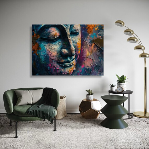 Abstract Buddha Profile Canvas Colorful Expressive Art Print Modern Spiritual Wall Decor Cracked Paint Effect Vibrant Portrait