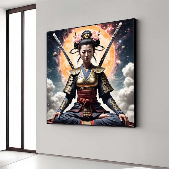 Meditative Samurai Woman Canvas Wall Art Asian Warrior Armor Print Zen Inspired Home Decor Japanese Sword Ready Gift