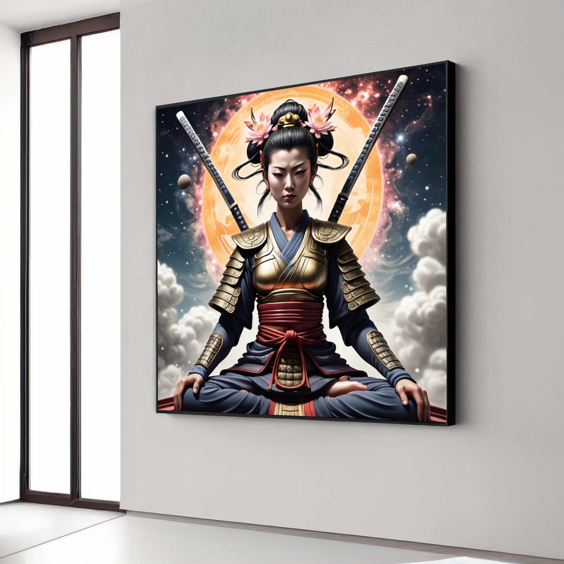 Meditative Samurai Woman Canvas Wall Art Asian Warrior Armor Print Zen Inspired Home Decor Japanese Sword Ready Gift