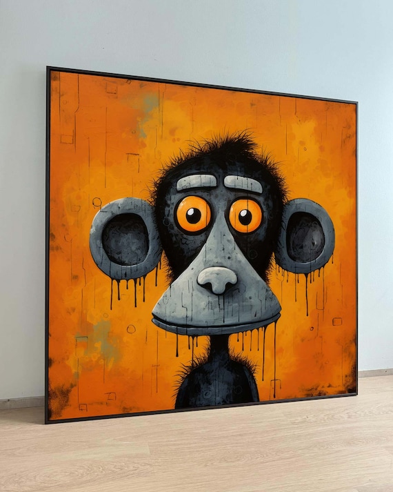 Playful Monkey Canvas Whimsical Animal Art Bright Orange Wall Print Ready To Hang Quirky