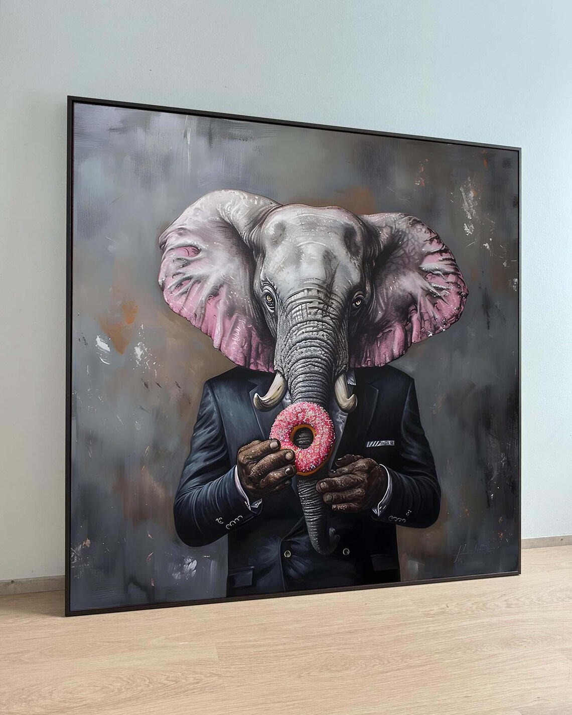 Elephant in Suit Eating Pink Donut Funny Animal Poster Humor Decor
