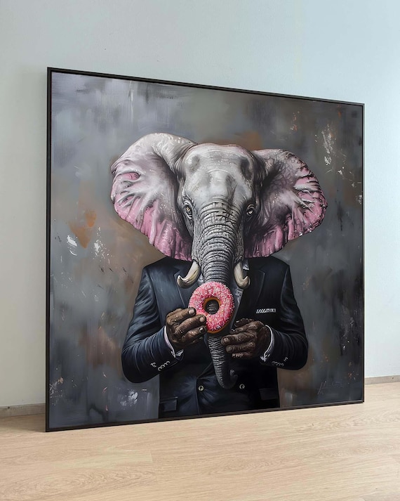 Elephant In Suit With Donut Canvas Art Whimsical And Surreal Pop Urban Wall Decor Ready To Hang Graffitistyle Poster