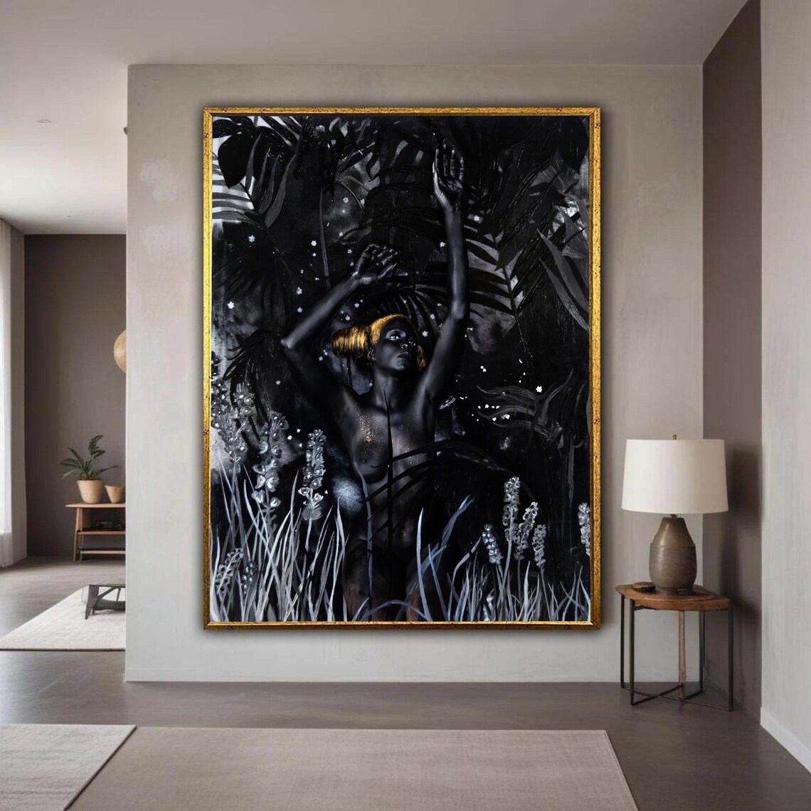 Black Woman Dancing in Dark Jungle Gold Headwrap Dramatic Art Poster