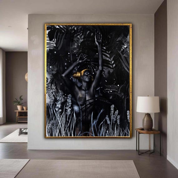 Mystical Night Woman Canvas Wall Art Black And Gold Body Surreal Jungle Scene Ethereal Female Portrait Gift Home Decor