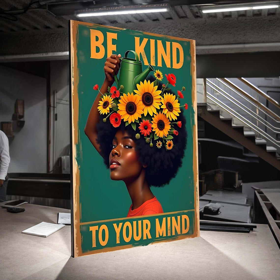 Be Kind To Your Mind Retro Sunflower Afro Woman Inspirational Poster