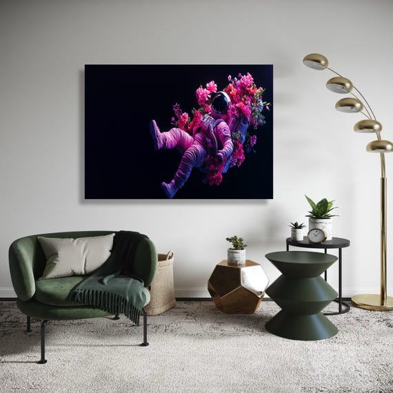 Vibrant Astronaut Floating With Flowers Canvas Space Floral Art Modern Surreal Wall Decor Colorful Cosmic Gift Home