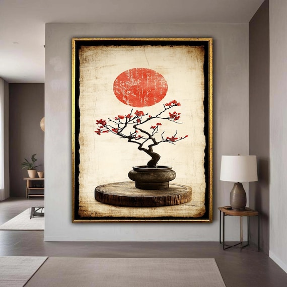 Vintage Japanese Bonsai Tree Canvas Red Blossom Wall Art Oriental Zen Plant Decoration Rustic Wood Base Gift Home Decor