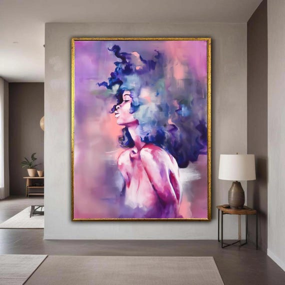 Dreamy Woman Portrait Canvas Abstract Female Art Purple Blue Pink Wall Decor Modern Expressionist Artistic Gift Home