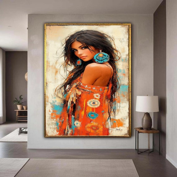 Boho Woman Portrait Orange Turquoise Tribal Style Art Poster