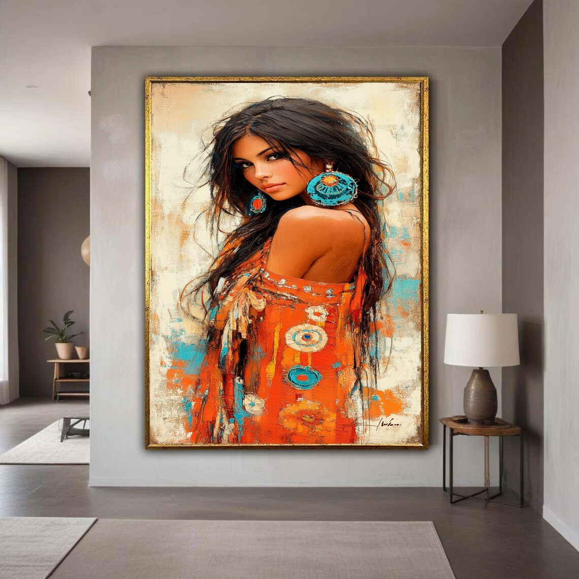 Boho Woman Portrait Orange Turquoise Tribal Style Art Poster