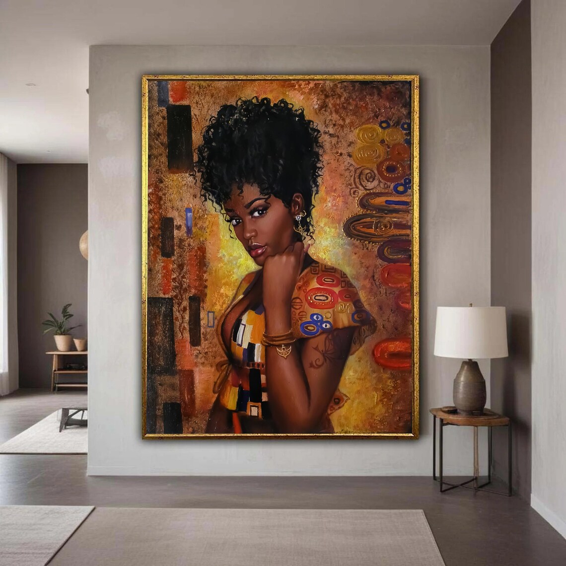 Beautiful African Woman Curly Hair Golden Mosaic Modern Portrait Poster