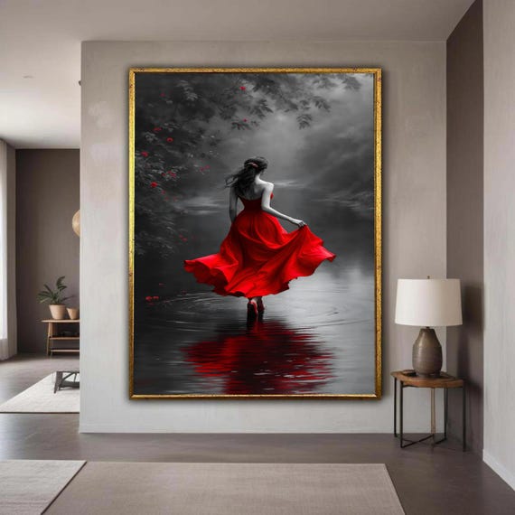 Elegant Woman In Red Dress Canvas Black And White Fashion Wall Art Dramatic Water Reflection Modern Home Decoration Gift Decor