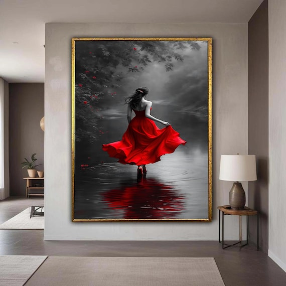 Woman in Red Dress Dancing Black and White Dramatic Art Poster