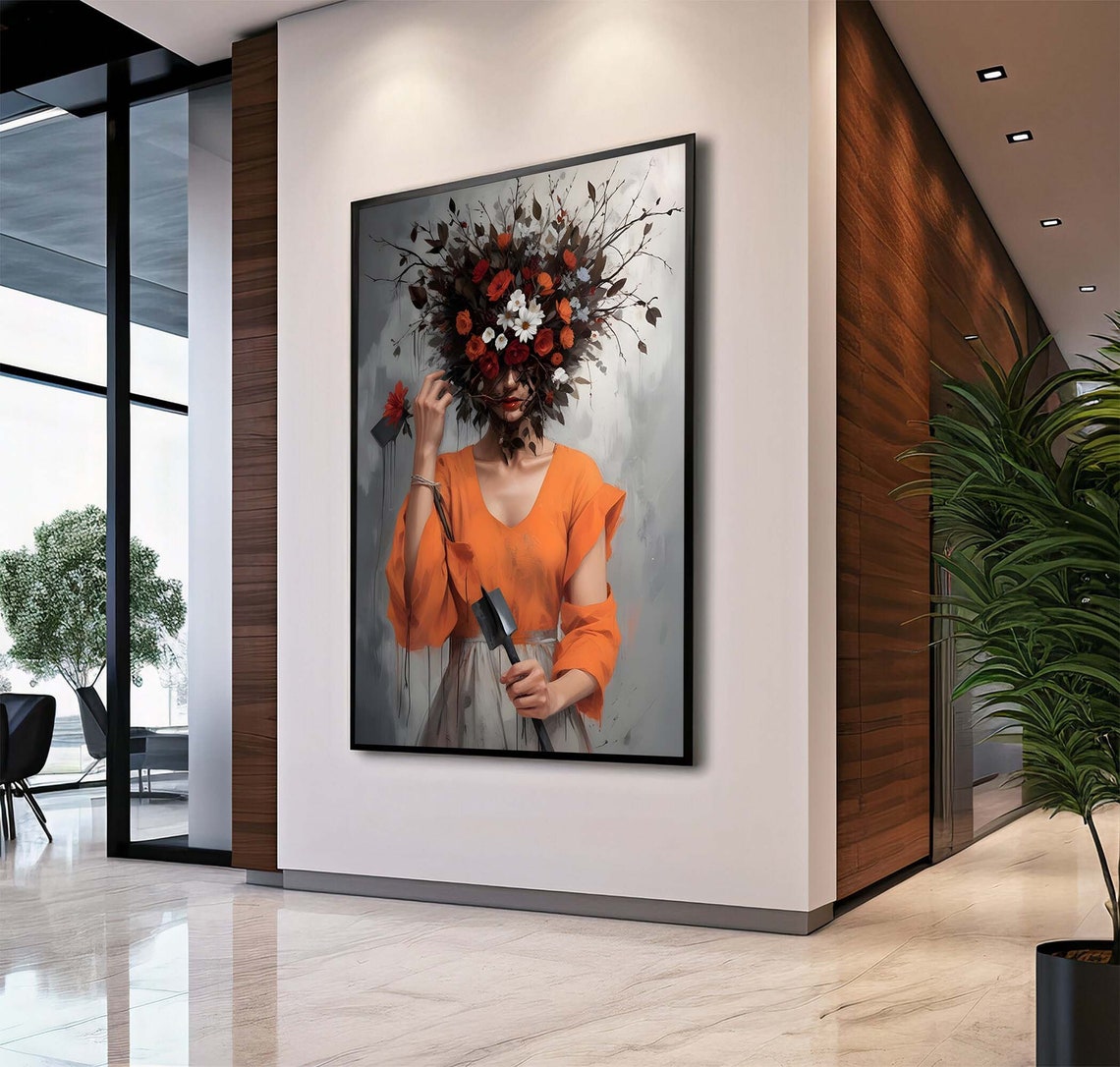 Woman In Orange Blouse Floral Crown Autumn Surreal Portrait Poster