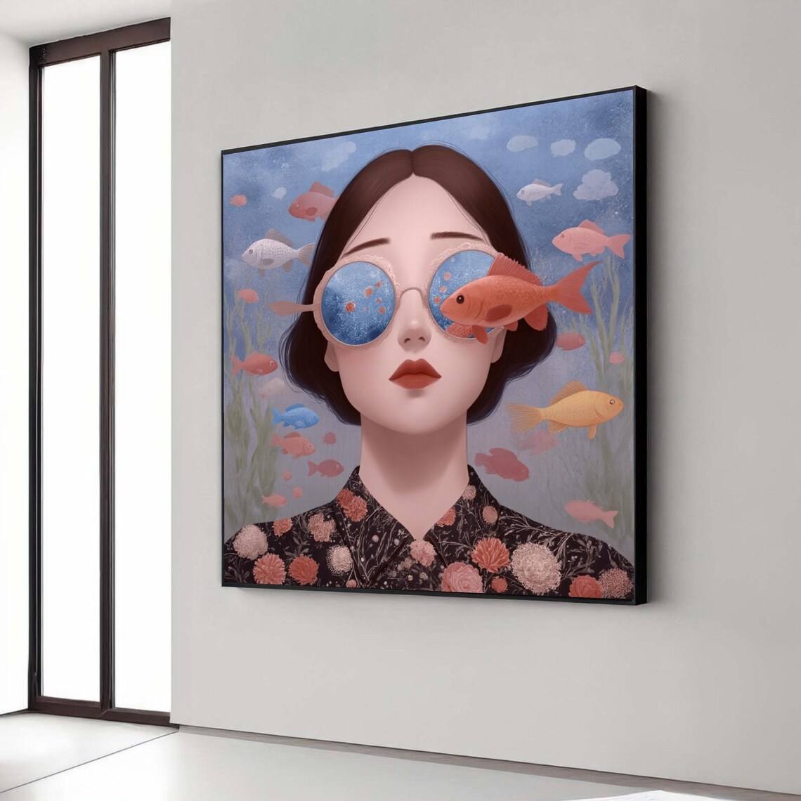 Surreal Woman With Fish Glasses Blue Ocean Fantasy Portrait Print