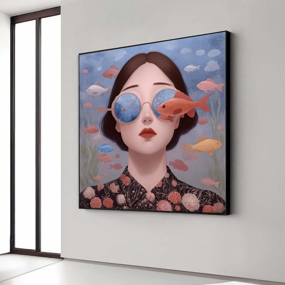 Surreal Woman With Fish Glasses Blue Ocean Fantasy Portrait Print