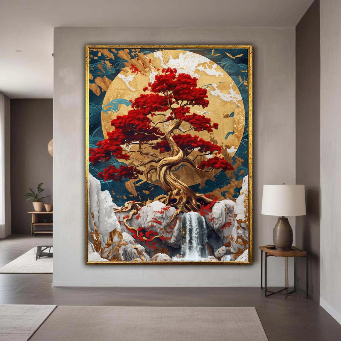 Golden Sunset Bonsai Tree Canvas Red Leaf Wall Art Asian Landscape Waterfall Nature Scene Zen Home Gift Decor