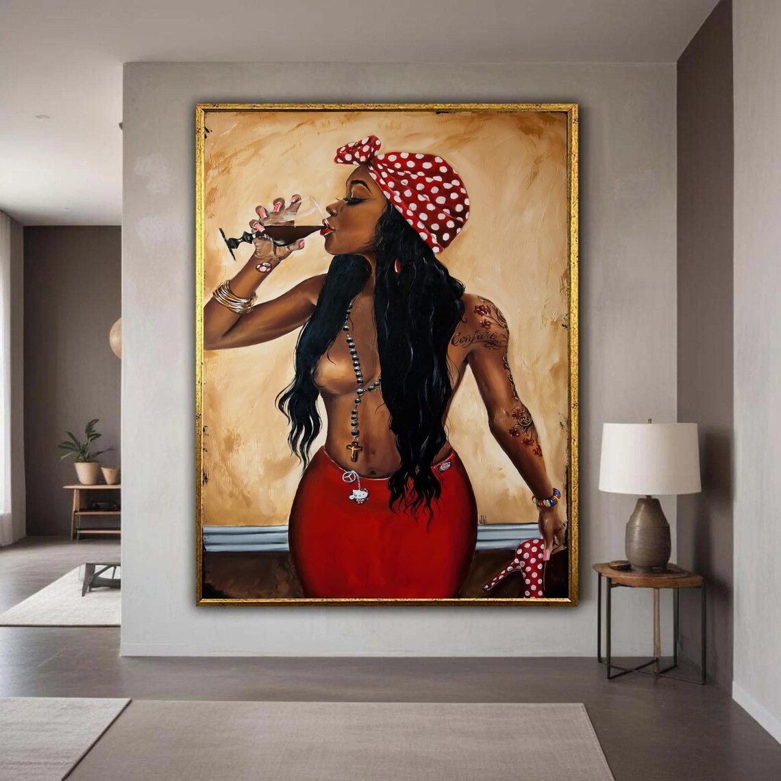 Woman In Red Polka Dot Headscarf Martini Pop Art Portrait Poster
