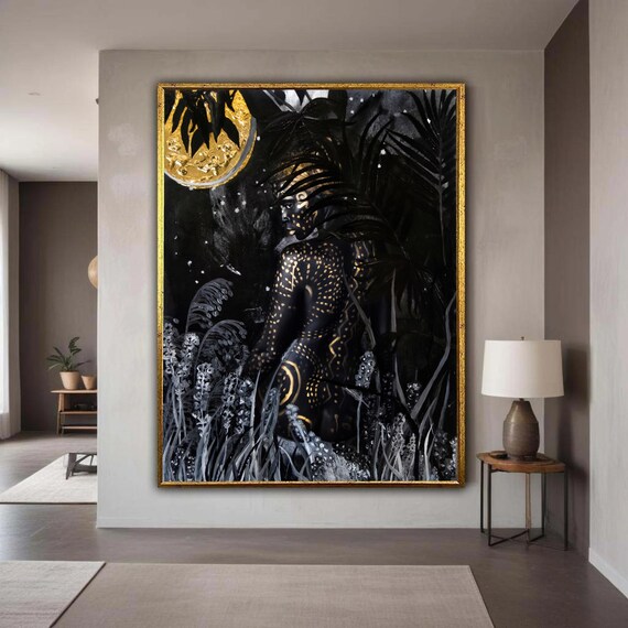 Mystical Night Woman Black Gold Tribal Jungle Moonlight Poster