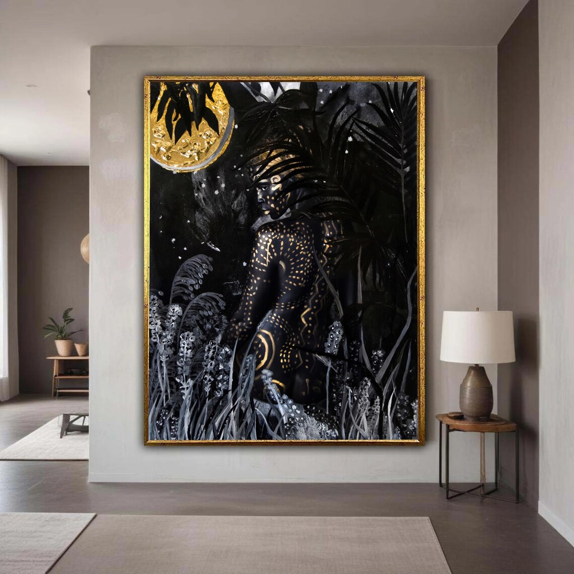 Mystical Night Woman Black Gold Tribal Jungle Moonlight Poster