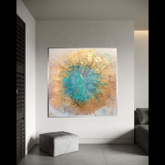 Abstract Blue And Gold Burst Canvas Modern Wall Art Contemporary Home Decor Ready To Hang Decoration Gift